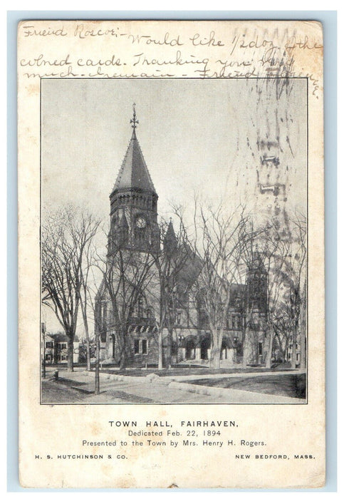 1904 Town Hall Building Clock Fairhaven Massachusetts MA Posted Antique Postcard