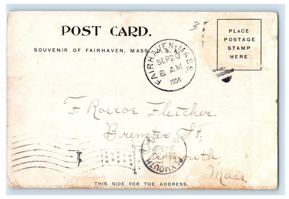 1904 Town Hall Building Clock Fairhaven Massachusetts MA Posted Antique Postcard