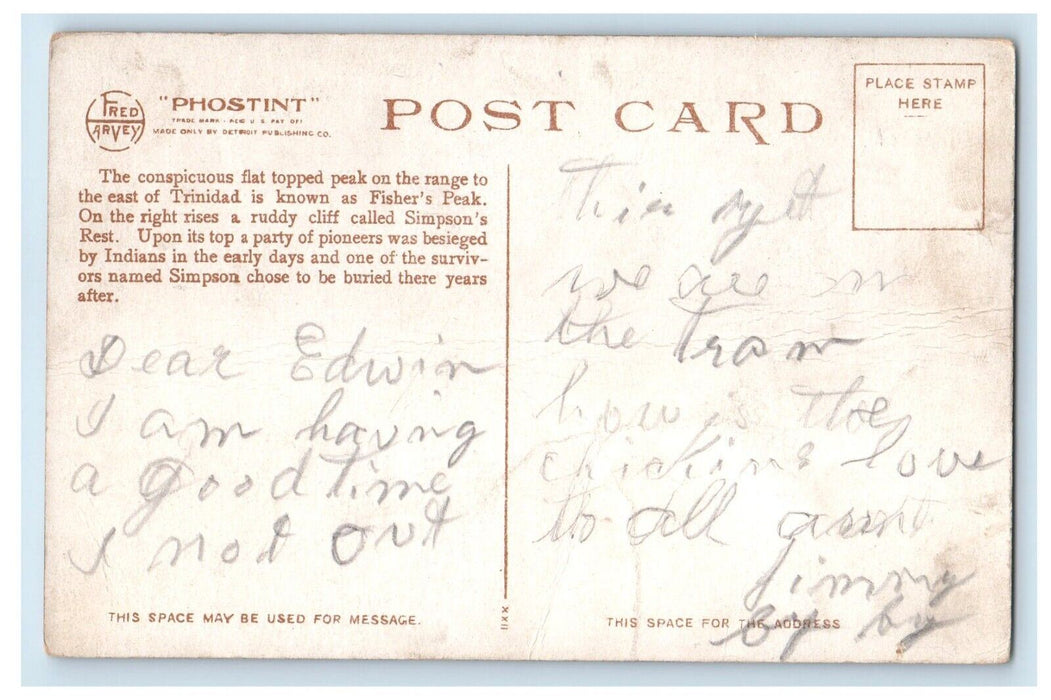 c1910's Fisher's Peak And Trinidad Colorado CO Fred Harvey Phostint Postcard