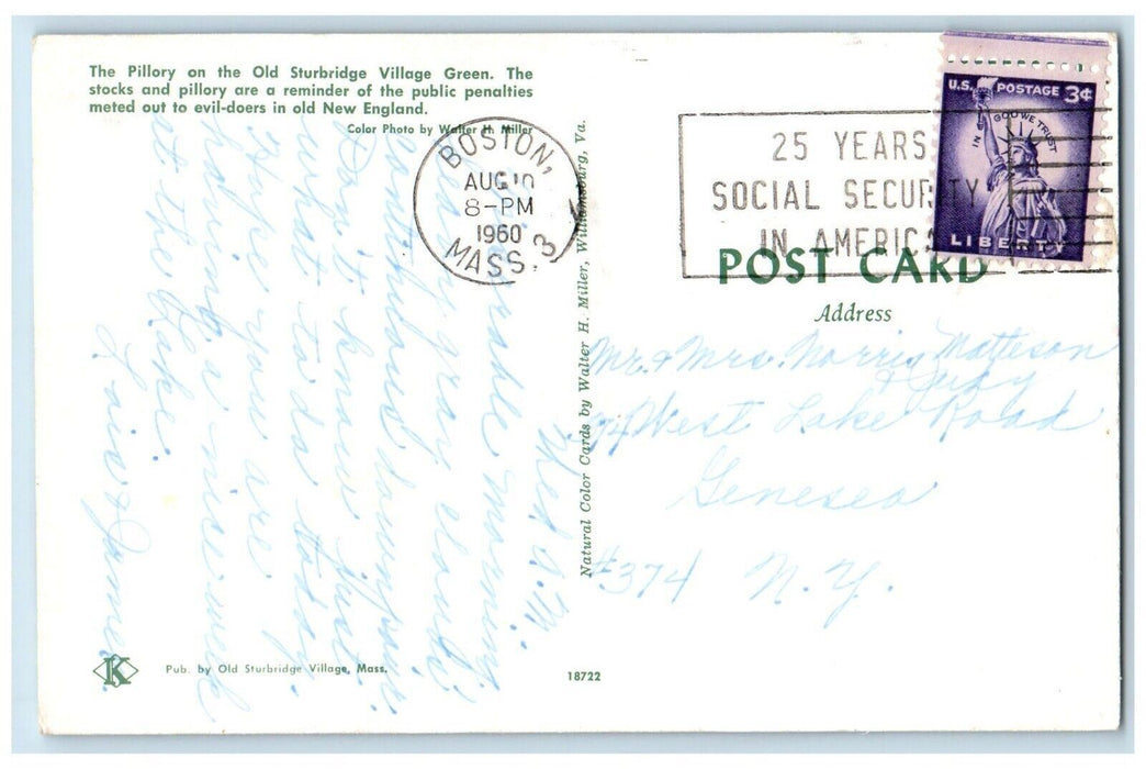 1960 Public Penalty, The Pillary on the Old Sturbridge Village Green Postcard