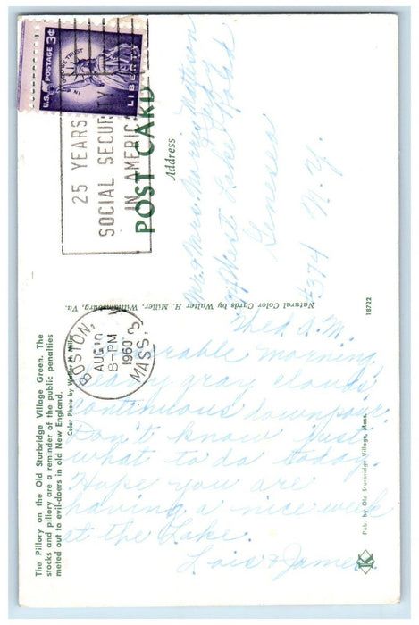 1960 Public Penalty, The Pillary on the Old Sturbridge Village Green Postcard
