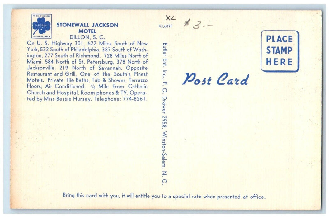c1950's Stonewall Jackson Motel Dillon South Carolina SC Vintage Postcard
