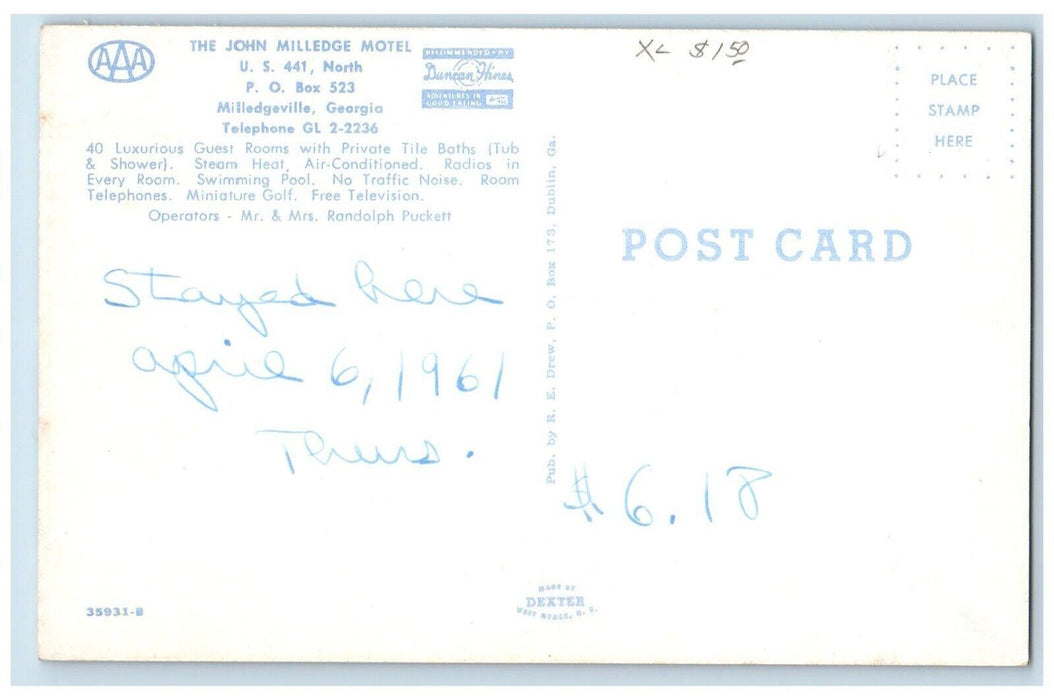 1961 The John Milledge Motel Milledgivell Georgia GA, Dual View Posted Postcard