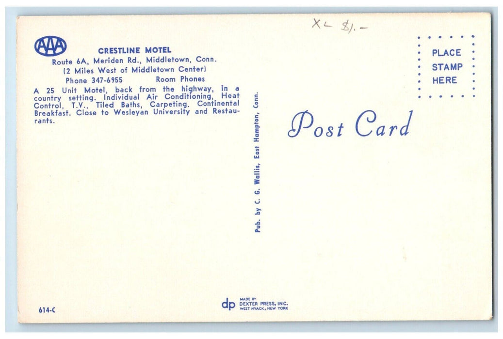 c1960's Crestline Motel View Middletown Connecticut CT Unposted Vintage Postcard