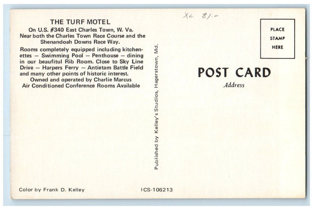 c1950's The Turf Motel And Pool Cars Charles Town West Virginia WV Postcard