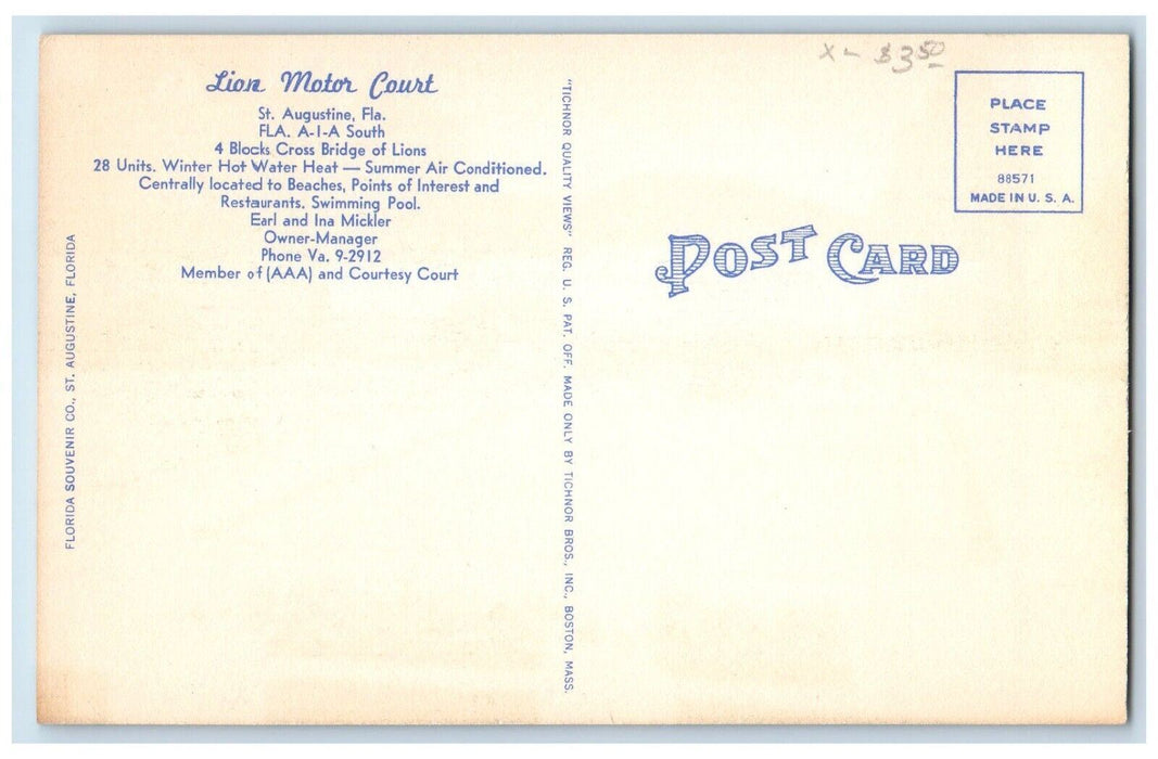 Lion Motor Court Motel And Swimming Pool St. Augustine Florida FL Postcard