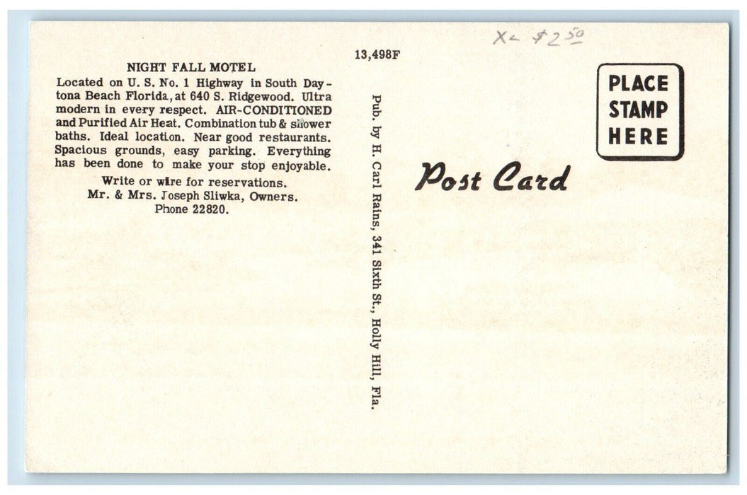c1950's Night Fall Motel Roadside South Daytona Beach Florida FL Postcard