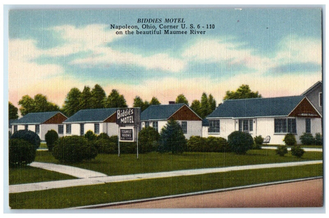 c1950's Biddies Motel Roadside Napoleon Ohio OH Unposted Vintage Postcard