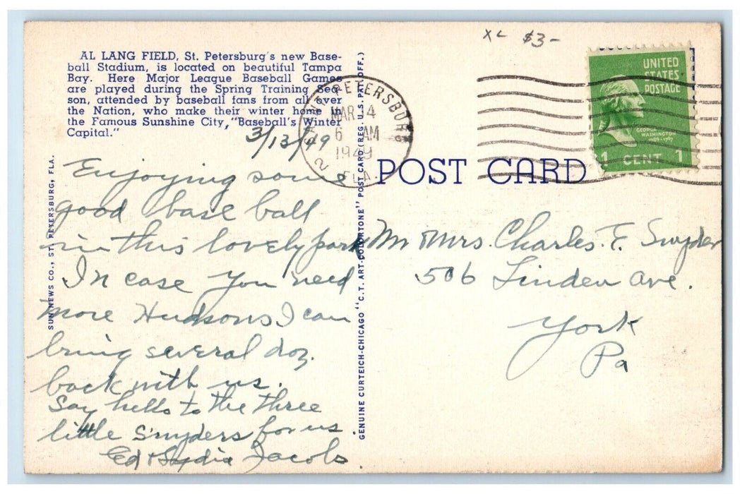 1949 Al Lang Field On Beautiful Tampa Bay St. Petersburg Florida FL Postcard