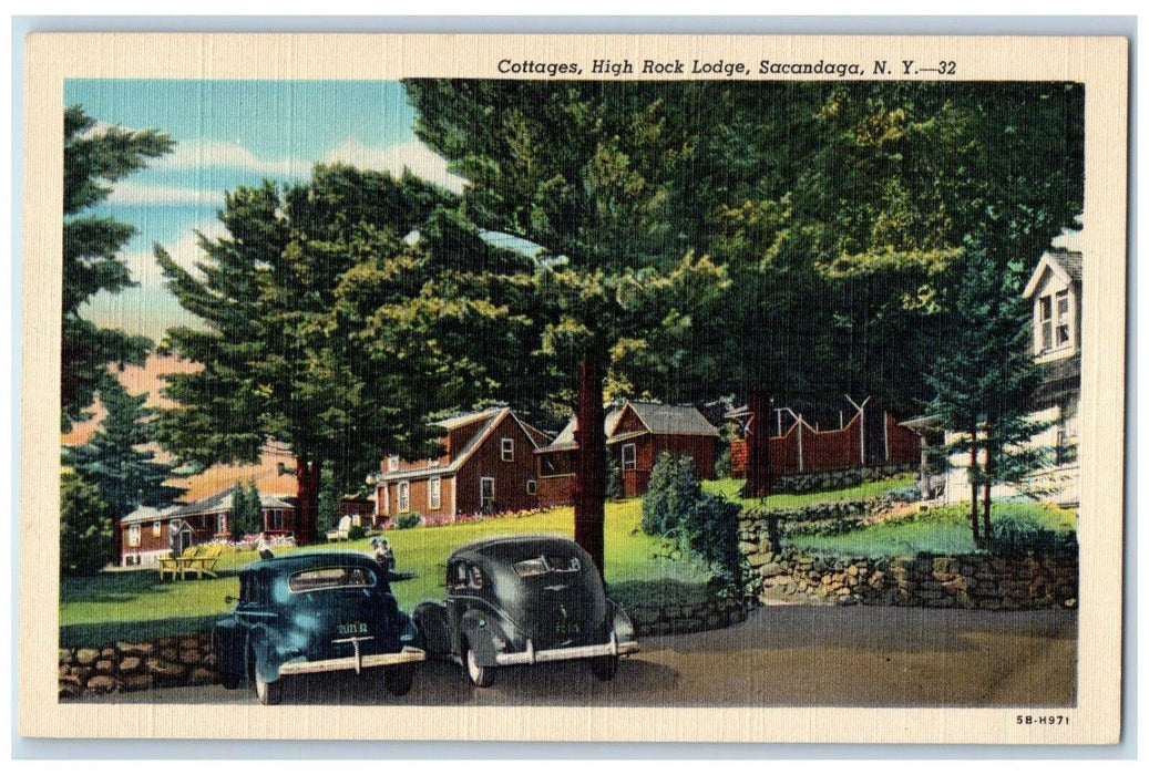 c1940's Cars Parked Near Cottages High Rock Lodge Sacandaga NY Postcard