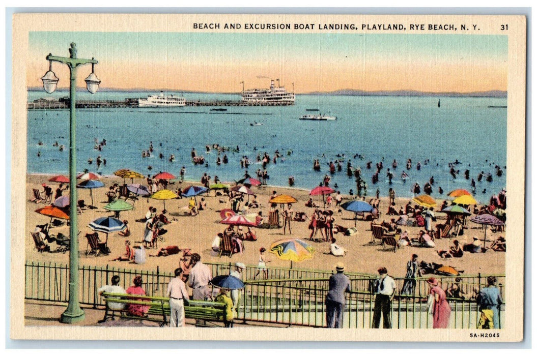 c1940's Beach and Excursion Boat Landing Playland Rye Beach NY Postcard