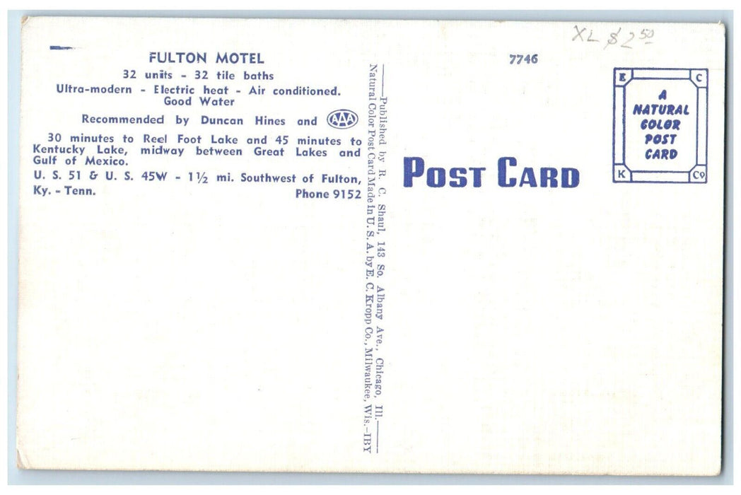 c1960's Fulton Motel U.S. 51 And U.S. 45W Fulton Kentucky-Tennessee Postcard