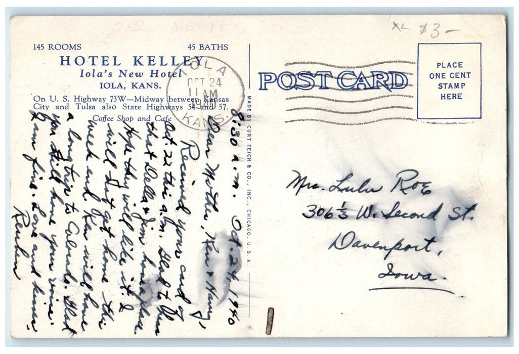 1946 Hotel Kelley Lola's New Hotel Coffee Shop Car Lola Kansas KS Postcard
