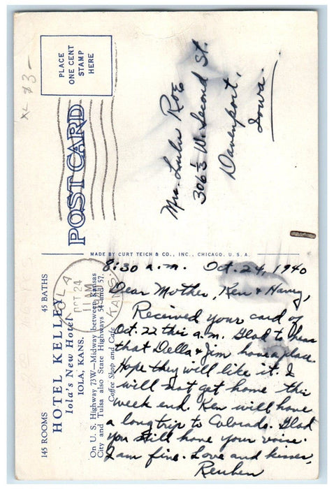 1946 Hotel Kelley Lola's New Hotel Coffee Shop Car Lola Kansas KS Postcard