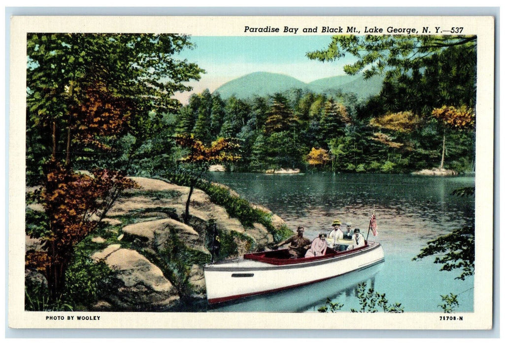 c1930's Boat Passengers Paradise Bay and Black Mount Lake George NY Postcard