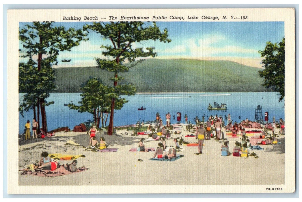 c1930's Bathing Beach The Hearthstone Public Camp Lake George NY Postcard