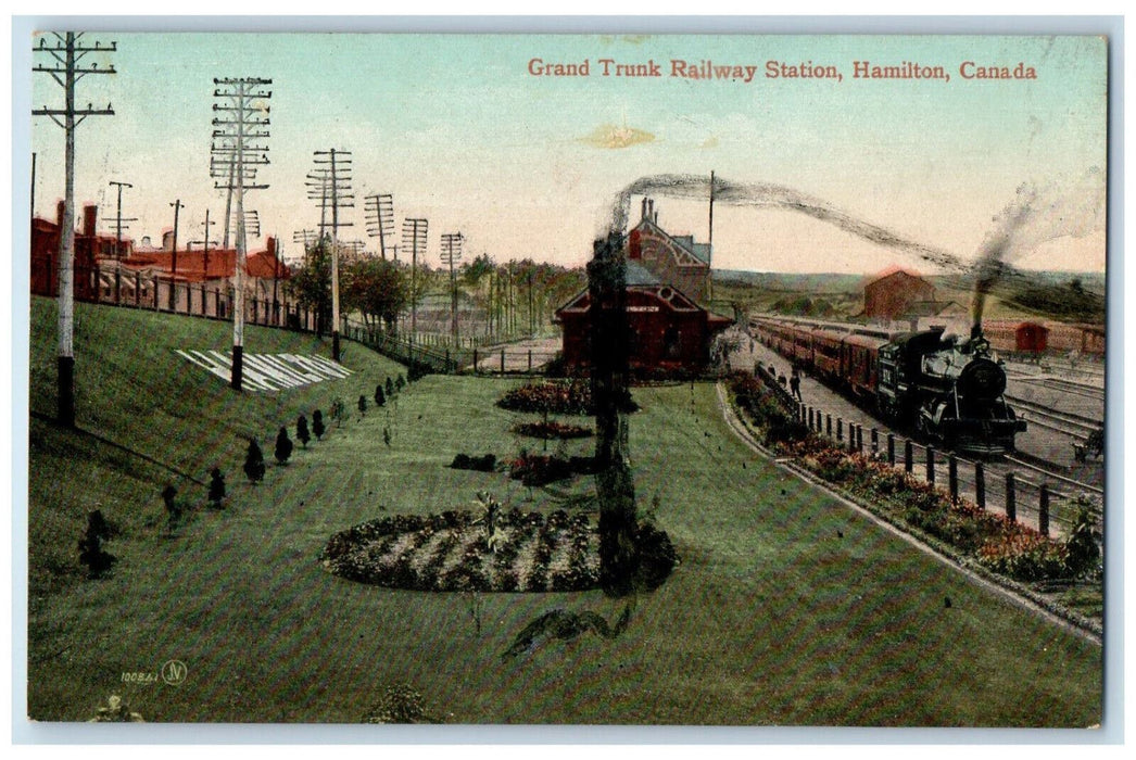 c1910 Grand Trunk Railway Station Hamilton Canada Train Railway Postcard