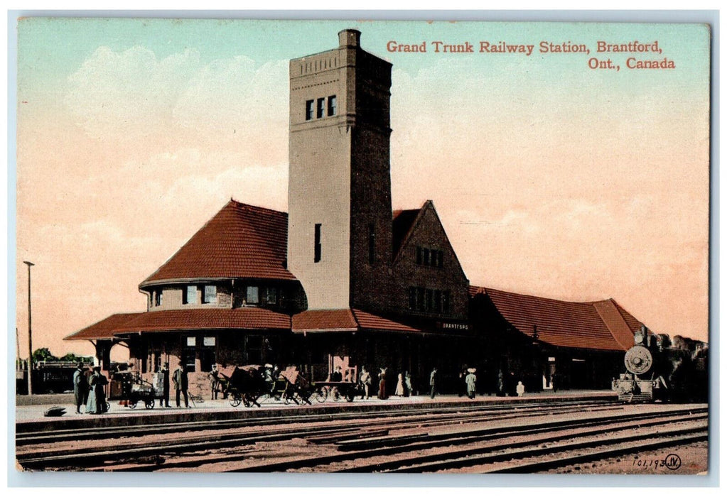 c1910 Grand Trunk Railway Station Brantford Ontario Canada Train Postcard