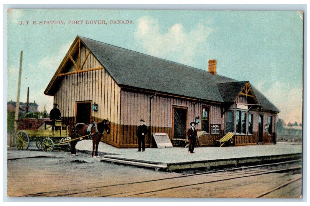 1912 Horse Carriage G.T.R Station Port Dover Canada Antique Posted Postcard