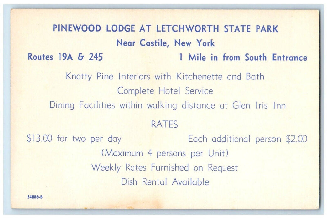 c1960 Pinewood Lodge Letchworth State Park Exterior Castile New York NY Postcard