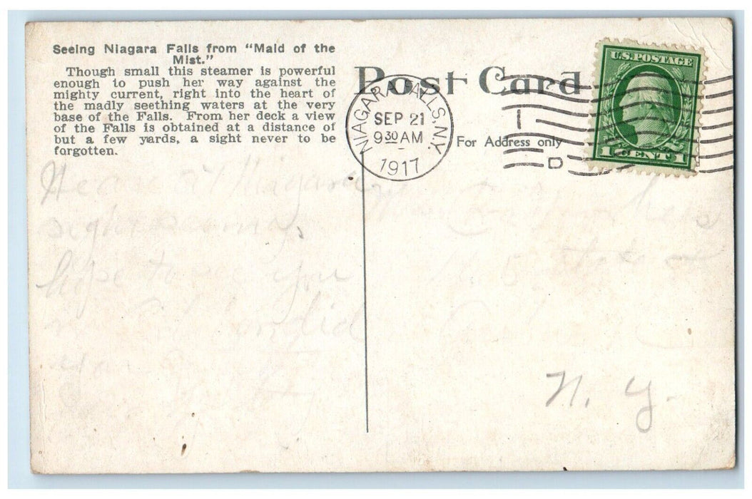 1917 Seeing Niagara Falls On Maid Of The Mist Steamer Boat New York NY Postcard