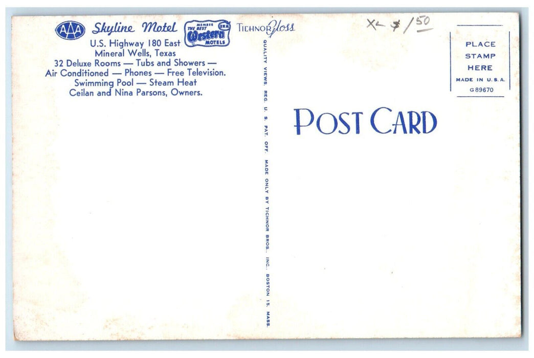 c1950's Skyline Motel And Swimming Pool Mineral Wells Texas TX Vintage Postcard