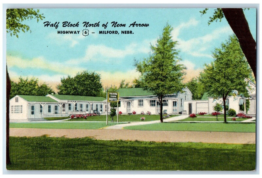 c1960's Philipps Motel Half Block North Of Neon Arrow Milford NE Postcard