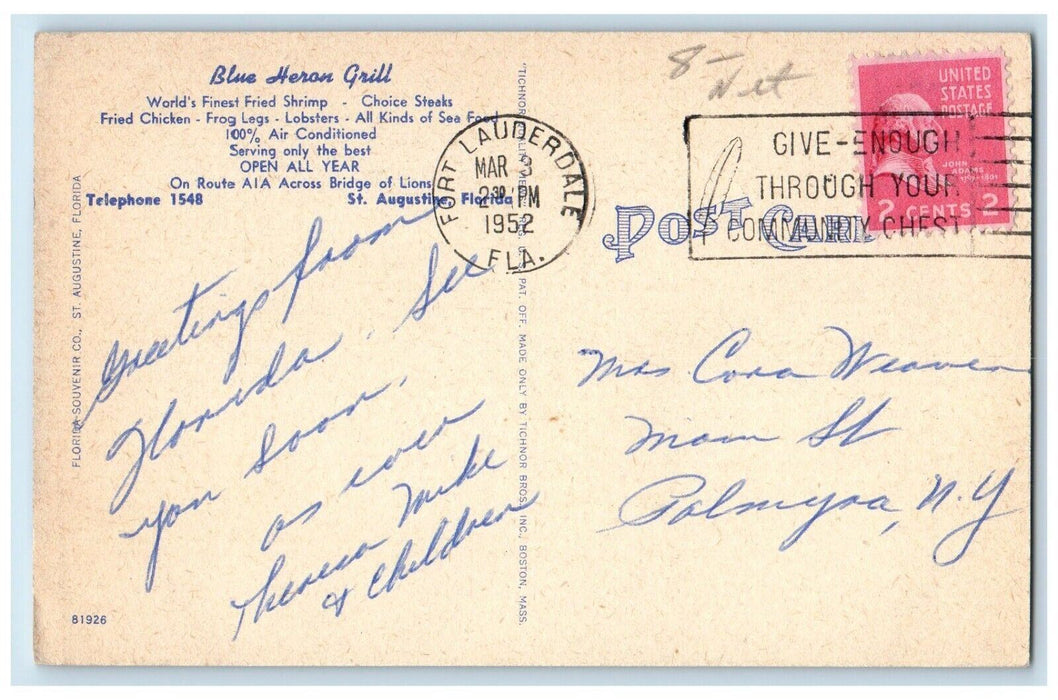 1952 Blue Heron Grill Restaurant St. Augustine Fort Lauderdale FL Postcard