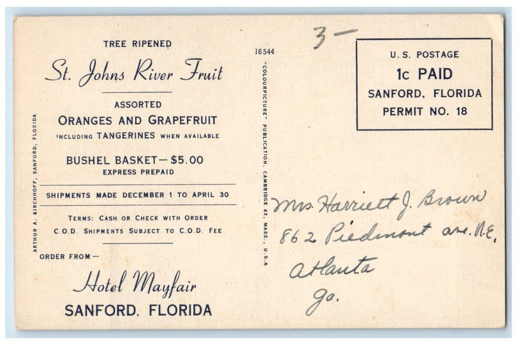 Hotel Mayfair Sanford Florida FL, St. Johns River Fruit Advertising Postcard
