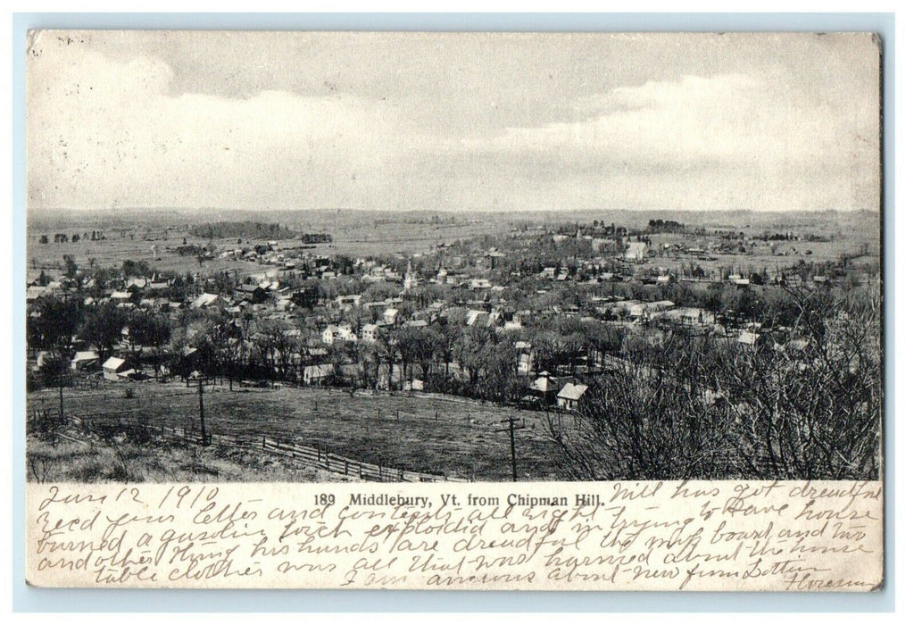 1905 Aerial View Of Middlebury Vermont VT, From Chipman Hill Antique Postcard