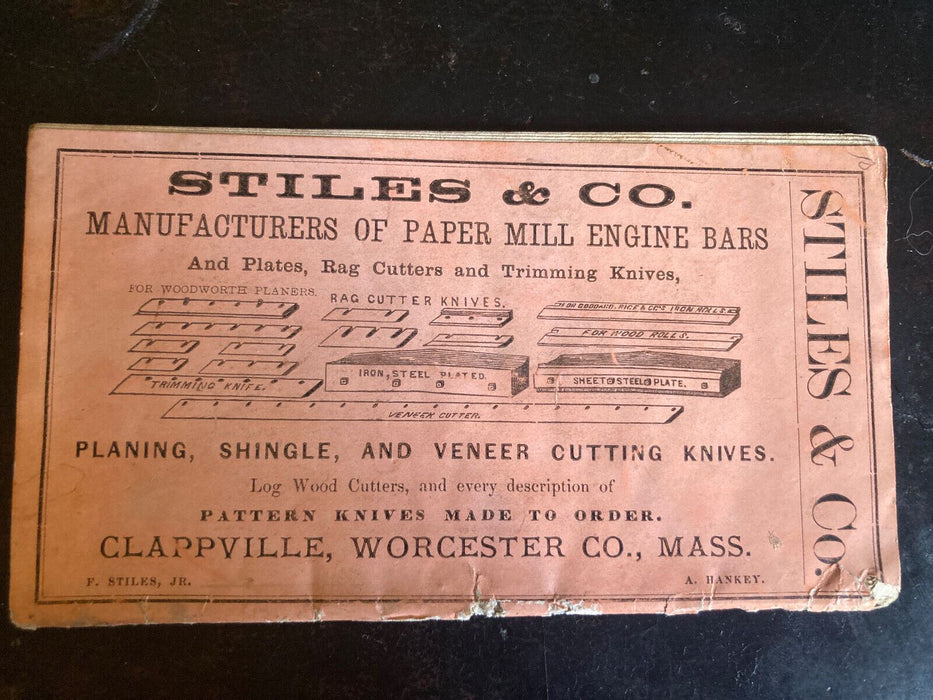 1865 Stiles & Co. Catalog Machine Knives Logging Clappville MA Worcester