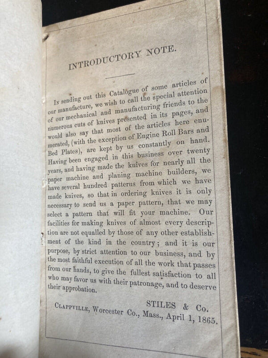 1865 Stiles & Co. Catalog Machine Knives Logging Clappville MA Worcester