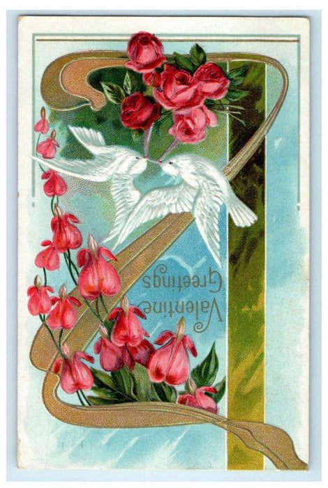 1912 Valentine Greetings Dove Birds Rose Orchid Flowers Embossed Postcard