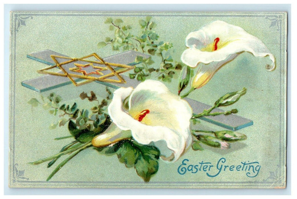 c1905 Easter Greetings Star Cross White Lily Flowers Embossed Tuck Postcard