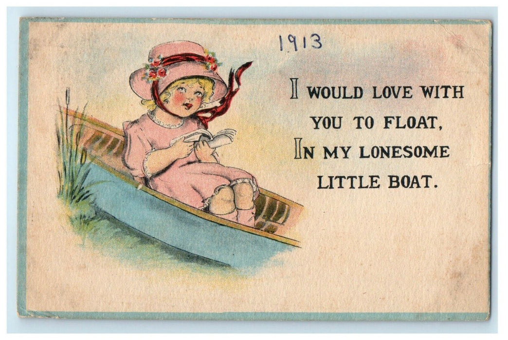 1913 Valentine Girl In Boat Dress Hat Pink Flowers Moorefield WV Postcard