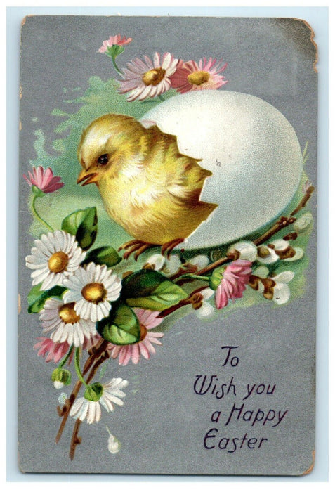 1911 Greetings Happy Easter Egg Hatched Chick Flowers Tuck's Postcard