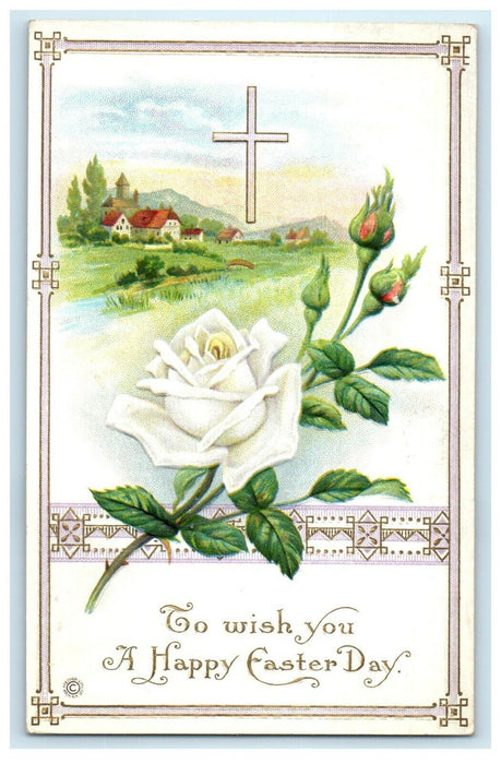 c1910's Greetings Happy Easter Day Rose Flower Cross Home Embossed Postcard