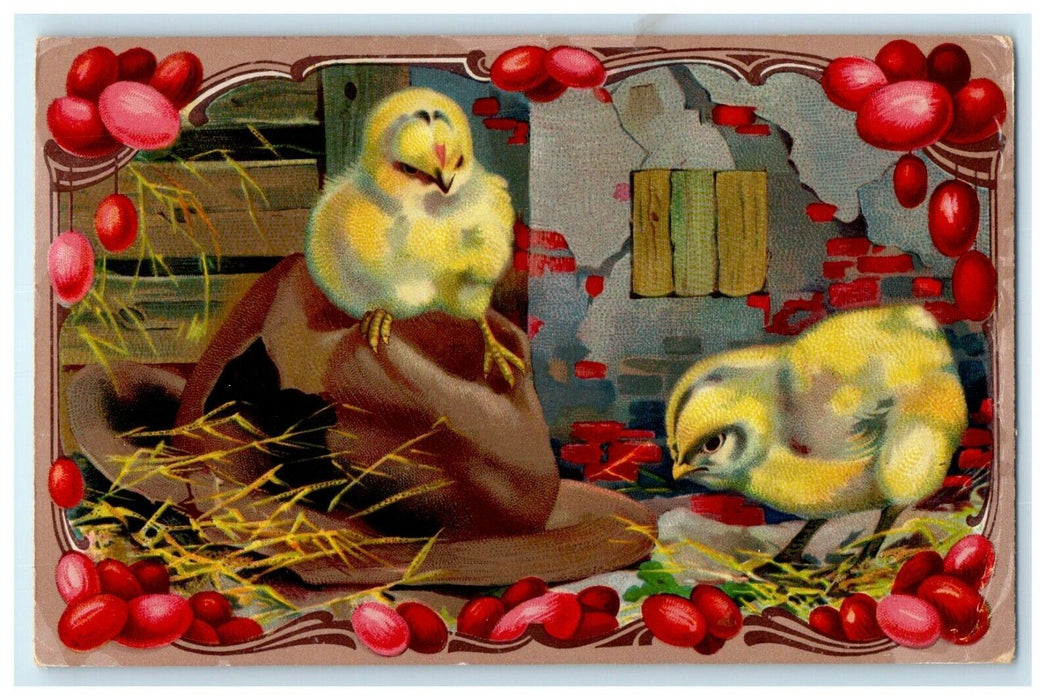 c1910's Hat Chicks Easter Eggs Unposted Antique Germany Gel Postcard