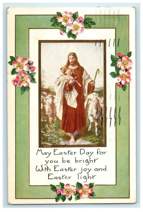 1927 Greetings Easter Day Jesus Lambs Religious Pansies Flower Embossed Postcard