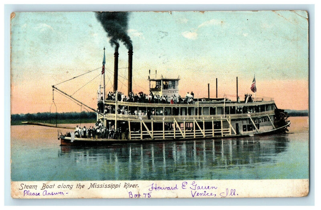 1911 Steam Boat Along Mississippi River, Mississippi, MS Antique Postcard