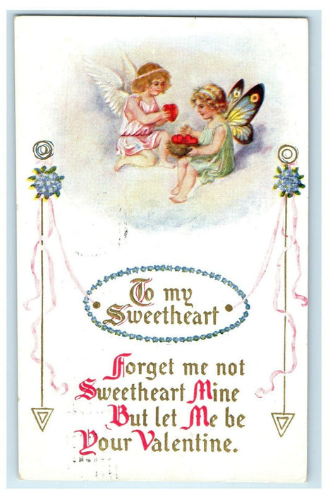 1911 Valentine Cherubs Angel Butterfly With Hearts Embossed Antique Postcard
