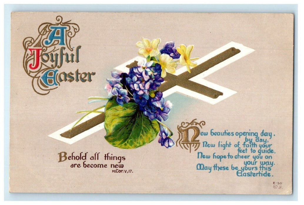 1914 Greetings A Joyful Easter Gold Cross Pansies Flowers Embossed Postcard