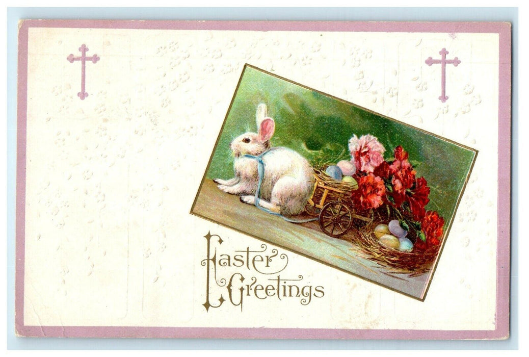 c1910's Easter Greetings Rabbit Pulled Cart Eggs Flowers Embossed Postcard