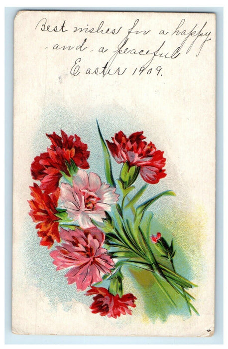 1909 Greetings Best Wishes Happy Easter Red And Pink Flowers Embossed Postcard