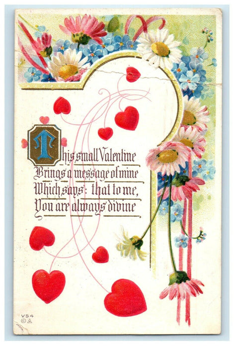 1913 Valentine Message Hearts And Pansies Flowers Embossed Antique Postcard