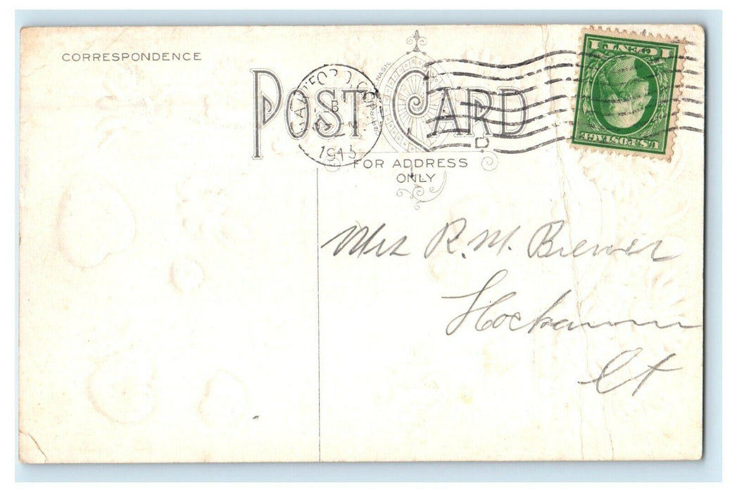 1913 Valentine Message Hearts And Pansies Flowers Embossed Antique Postcard