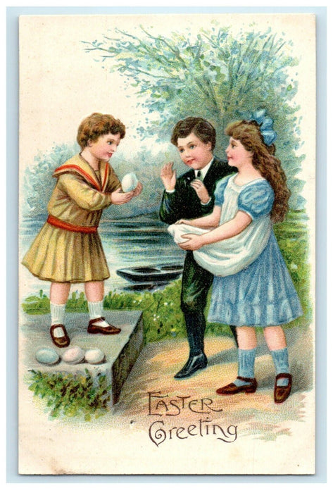 c1910's Easter Greetings Victorian Girls Boy Eggs Embossed Germany Postcard