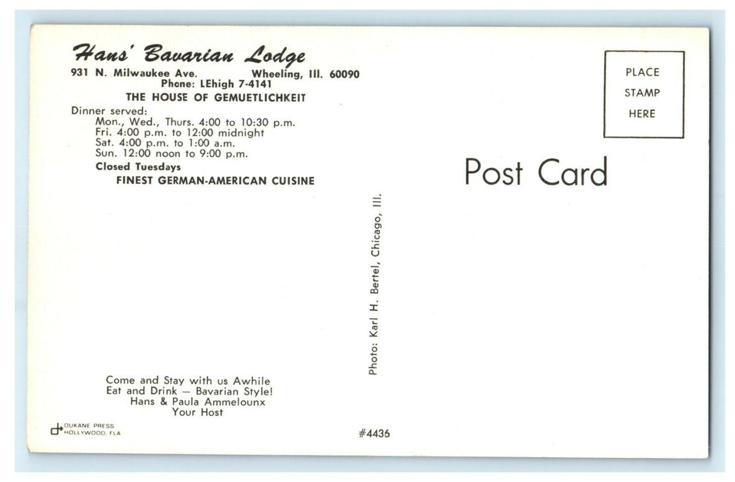 1956 Han's Bavarian Lodge, Milwaukee Avenue, Wheeling Illinois IL Postcard