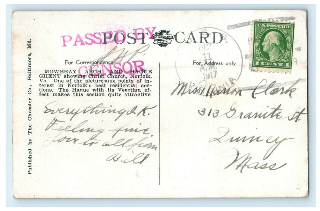 1917 Mowbray Arch and Hague Ghent Norfolk Virginia VA Passed by Sensor Postcard