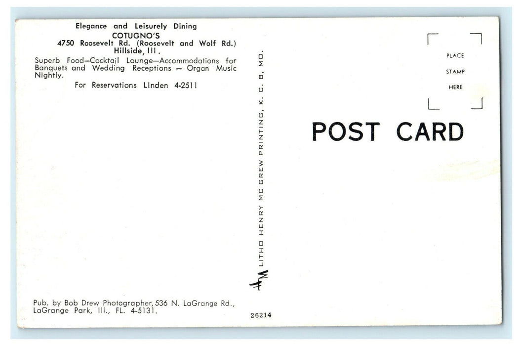 1930 Cotugno's Elegance and Leisure Dining Hillside Illinois IL Postcard